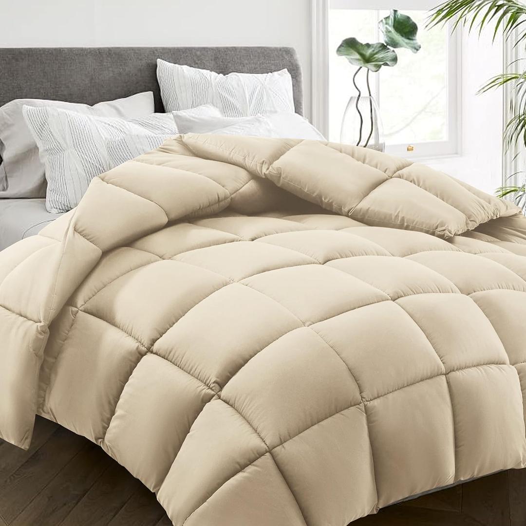 HYLEORY All Season Twin Size Bed Comforter - Cooling Down Alternative Quilted Duvet Insert with Corner Tabs - Winter Warm - Machine Washable - Beige