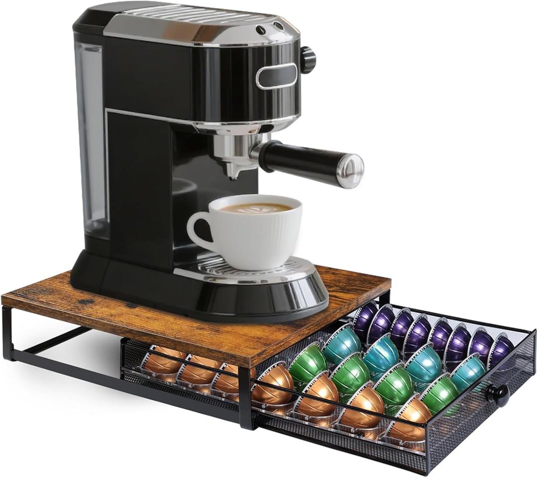 Coffee Pod Holder Drawer Organizer Vertuo Capsules Storage Organizer with Sliding Drawer Compatible For Nespresso Vertuo Pods, Holds up to 54 Small or 28 Big Vertuo Pods Rustic Brown