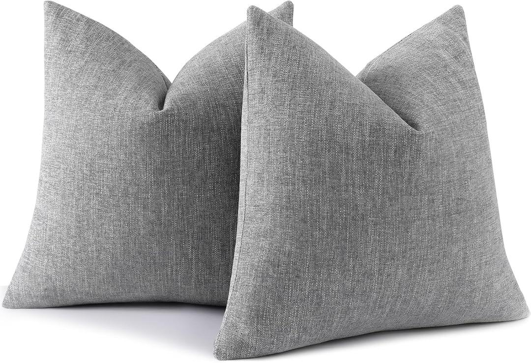 decorUhome Christmas Chenille Decorative Throw Pillow Covers 18x18 Set of 2, Farmhouse Textured Square Neutral Solid Accent Pillow Covers for Couch Sofa Bed Living Room Home Decor, Grey