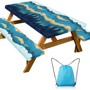 Picnic Table Cover with Bench Covers - Camping Essentials Camping Table Cover with Elastic Edges & Drawstring Bag, Fitted Rectangle Tables and Seats for 6-Foot Outdoor, 30x72 Inches, Blue Green