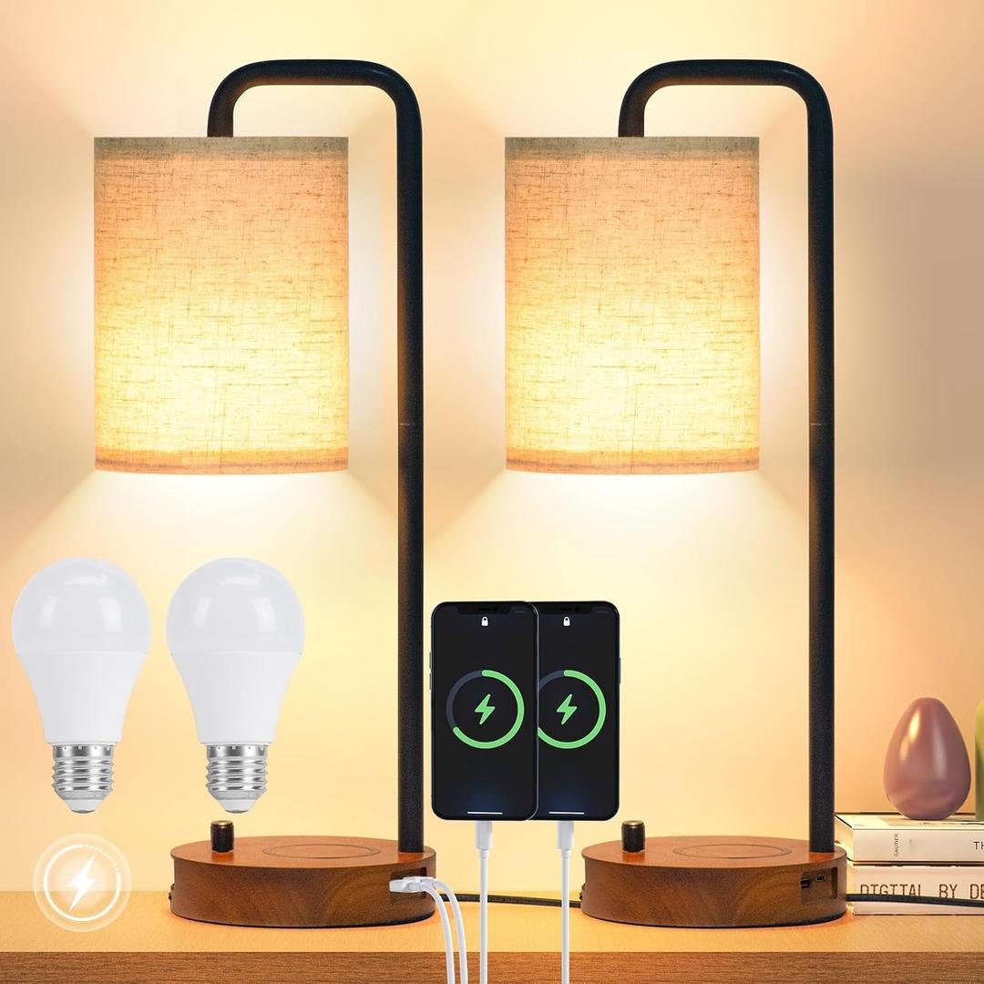 Table Lamps Set of 2 with USB Ports and Wooden Base, Bedside Nightstand Lamps with Warm White Bulbs, Fabric Shade for Bedroom, Living Room, Office, Boho