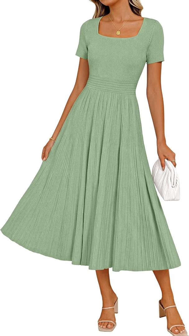 ZESICA Women Pleated Midi Sweater Dress 2026 Spring Summer Business Casual Short Sleeve A-Line Elegant Wedding Guest Dresses, Medium