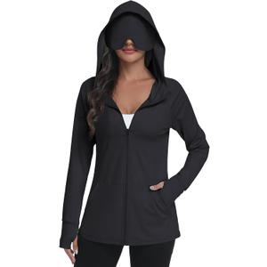 SeSe Code UPF 50+ Hoodie With Eye Mask Womens Zip Up Travel Jackets Lightweight Sleep Sun Protection Shirts Pockets Outdoor (Black, L)