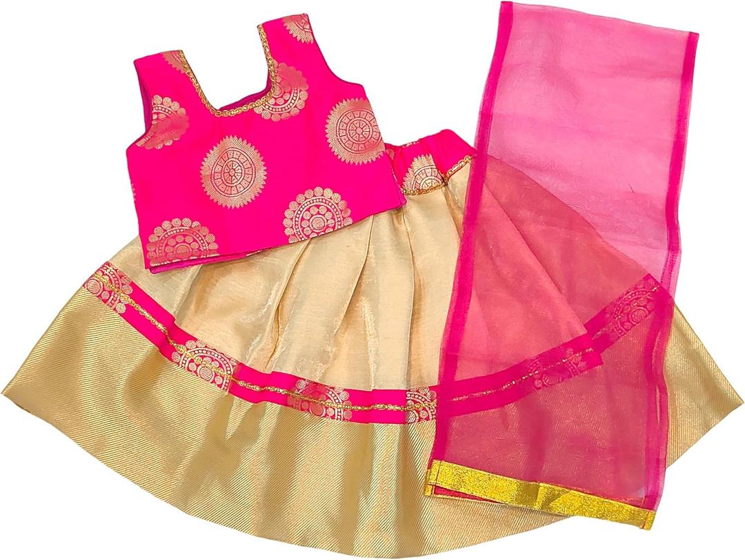 Hot Pink Banarasi Brocade Silk Top and Golden Brocade Silk Skirt Kids Lehenga Choli, Lehenga Set for Girls, 1-2 yrs