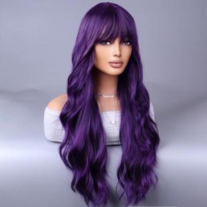 Dark Purple Long Curly Wavy Hair Wig for Women With Bangs Purple Wig Heat Resistant Synthetic Hair Wigs for Daily Use Cosplay Wig With Wig Cap