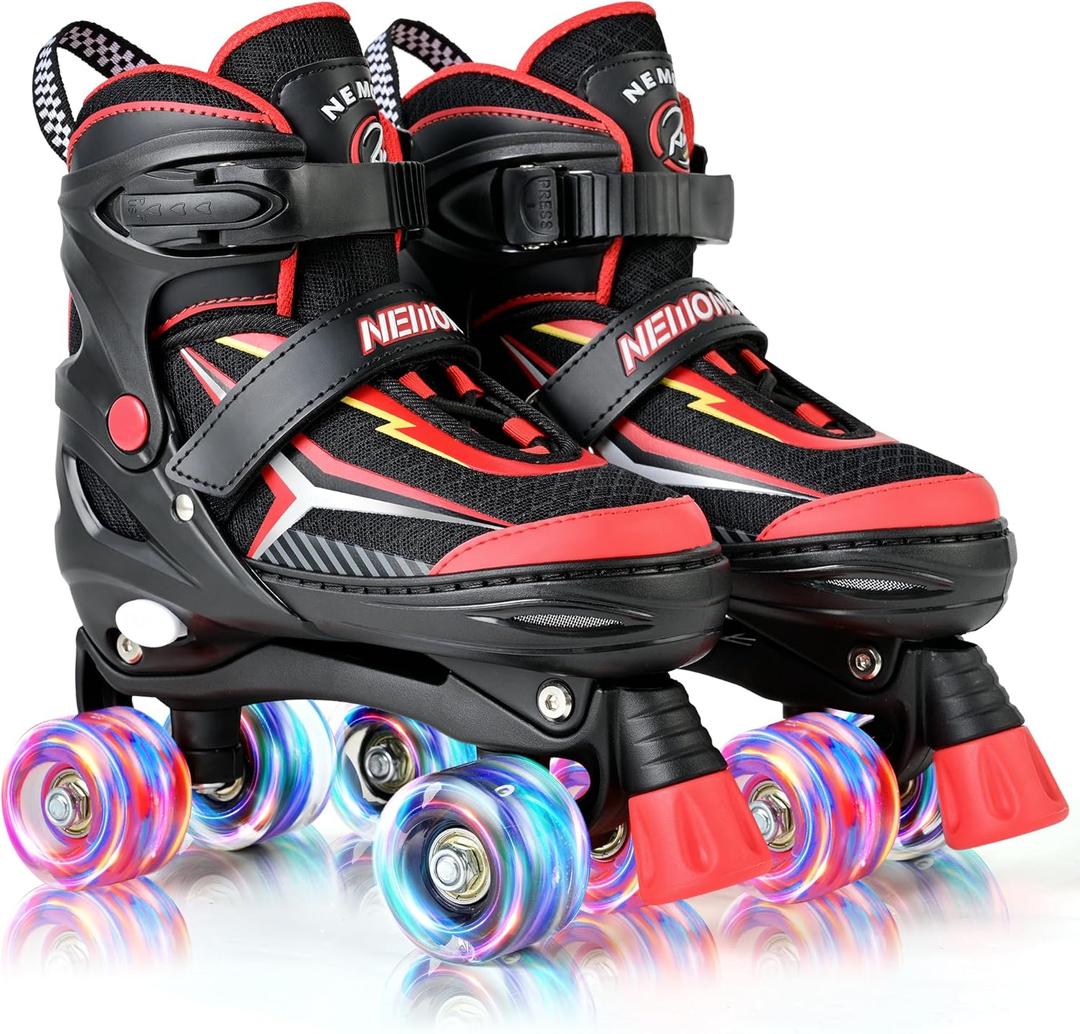 NEMONE Roller Skates for Boys Kids Ages 4-6 5-8 6-12 8-12 with 4 Sizes Adjustable Light up Wheels, Todder Beginner Rollerskates Indoor Outdoor Sports Black Red M