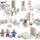 Giant bean 36pcs Wooden Dollhouse Furniture Set 5 Rooms 4 Family Dolls, Wood and Plastic Blue Dollhouse Accessories, Pretend Play Furniture Toys Christmas Birthday Gift for Boys Girls Kids Toddlers 3+