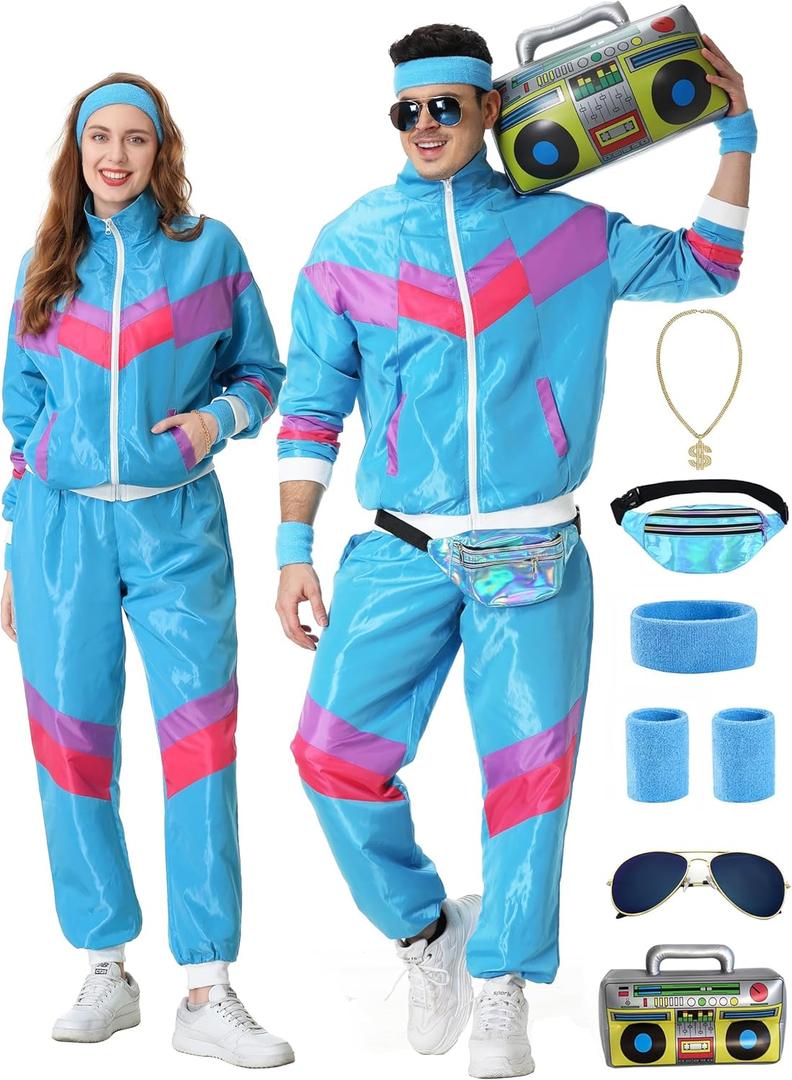 80s Track Suit for Men Women 90s Retro Windbreaker Set Couples 90s Tracksuit 80s Costume Men Neon Wind Suit (X-Large, Blue)
