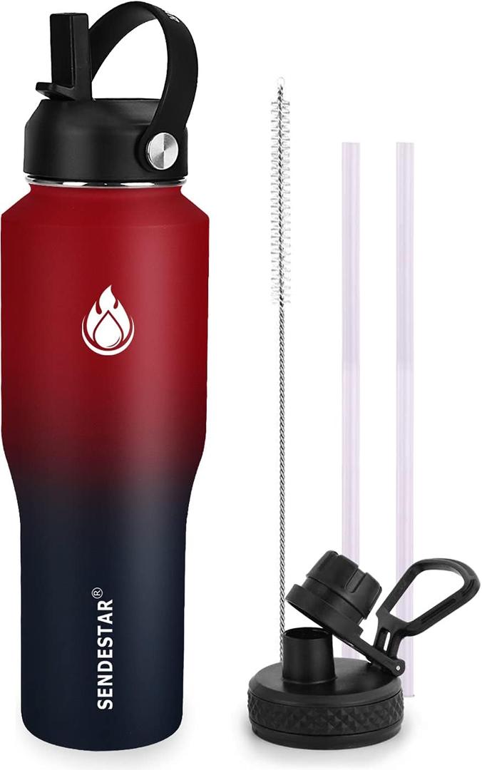 SENDESTAR Water Bottle 32oz, 2 Lids(Straw lid), Wide Mouth Stainless Steel Vacuum Insulated Double Wall Keep Liquids Cold or Hot All Day, Sweat Proof Sport Design, Fit Car Cup Holder(Red&Blue)