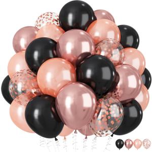 HILAVO Rose Gold and Black Balloons, 12Inch Metallic Rose Gold and Confetti Latex Balloons for Girls Women Birthday Graduation Baby Bridal Shower Party Decorations