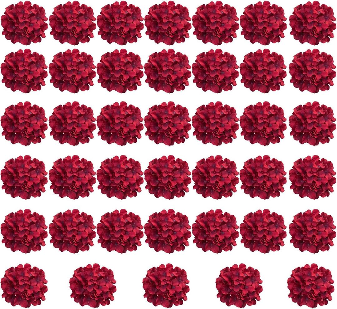 Red Hydrangea Artificial Flowers Bulk, 40 Pcs Faux Hydrangea Flowers Heads, Artificial Fake Silk Hydrangea Flowers with Stems, Red Flowers Artificial for Decoration Wedding Dcor