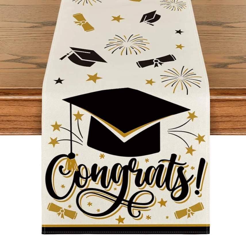 Artoid Mode Congrats Diploma Cap Graduation Table Runner, 2025 Fireworks Holiday Kitchen Dining Table Runners for Home Party Decor 13x72 Inch