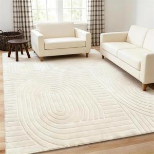 5x7 Geometric Solid Beige Area Rug Washable, Durable Non-Slip Indoor Carpet with Soft High-Low Pile, Fluffy Floor Rugs for Living Room, Bedroom, Bedside, Kids Room, Nursery,Home Office Dcor