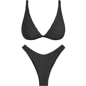 ZAFUL Bikini Sets for Women Triangle Textured Plunging High Cut Cheeky Bikini Swimsuits Two Piece Bathing Suits (Large, Black)
