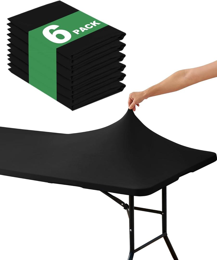 KeyWave Fitted Tablecloth Rectangle Table Cloths - 6 Pack 6 Foot Elastic Stretch Folding Table Top Cover Water-Resistant Reusable for Outdoor Picnic Camping Party Event, Black, 72" L x 30" W