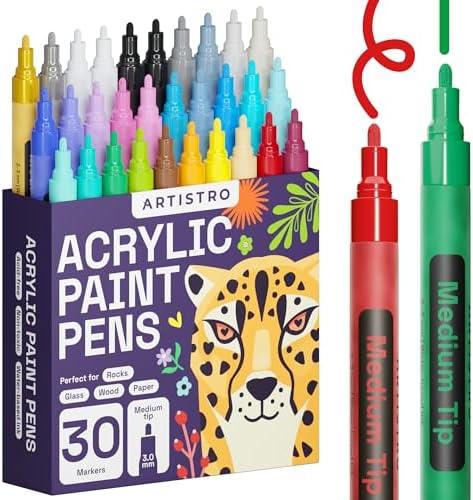 ARTISTRO 30 Acrylic Paint Markers Medium Tip- Easy for All Ages & Levels Acrylic Paint Pens for Fabric, Rocks, Paper, Wood, Canvas, Glass, DIY