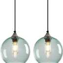 Light Green Glass Pendant Lights Kitchen Island Lighting Globe Pendant Light Fixtures Modern Pendant Lighting for Bedroom Living Dining Room Light Fixture (7.87 in, 2 Pack)