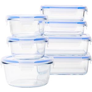 Leak-Proof Glass Locking Lids Food Storage Containers, 8 -Piece Set, 4 Count of Bases and 4 Plastic Lids, Clear, Blue, BPA Free
