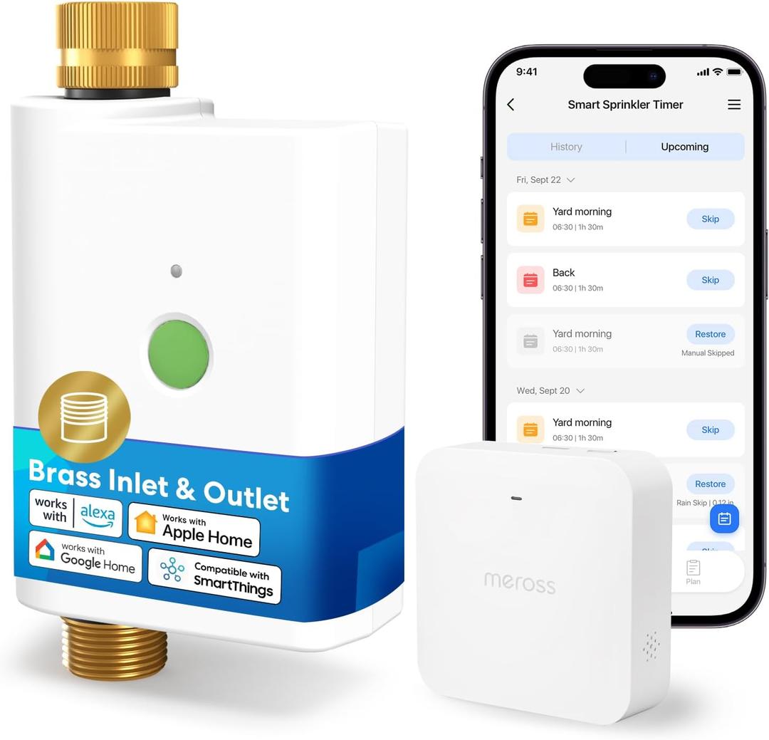 meross WiFi Water Timer for Garden Hose, Smart Hose Timer with Brass Inlet & Outet, WiFi Sprinkler Valve Work with Apple Homekit, Alexa & Google Assistant, Smart Rain Skip for Lawn, Garden & Yard