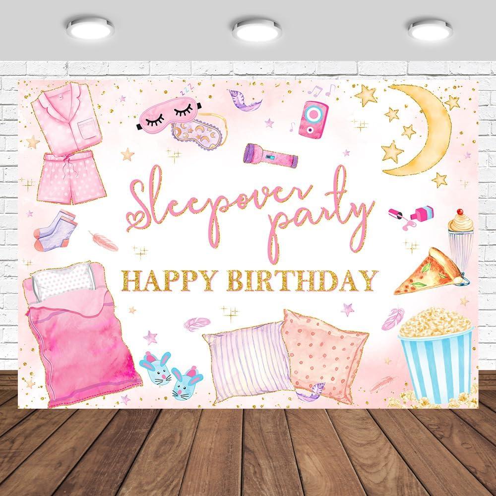 Sleepover Party Happy Birthday Backdrop Pajamas Slumber Party Decorations for Girls Pink Pillow Movie Night Photography Background Banner Photo Studio Props (7x5ft)