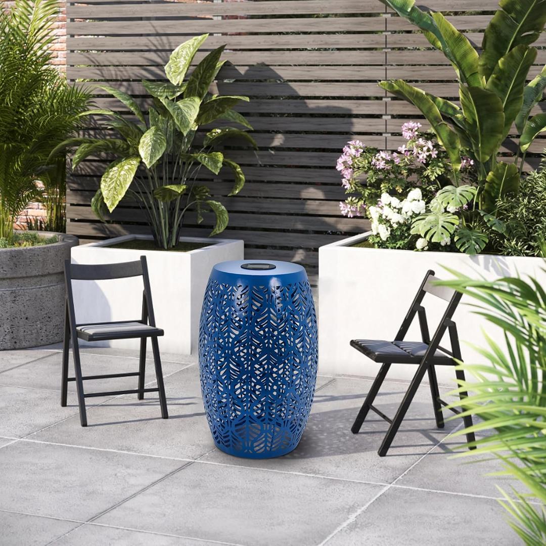 HPC Decor Outdoor Side Table - 18.3" Tall Iron Side Table with Waterproof Solar Powered Light,Small Patio Side Table for Outside,Backyard, Pool, Indoor,Decorative Garden Stool, Navy Blue