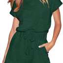 BONITEE Womens Short Sleeve Rompers 2026 Casual Dressy Summer Crewneck Jumpsuit Drawstring Beach Travel Vacation Outfits (Green, S)
