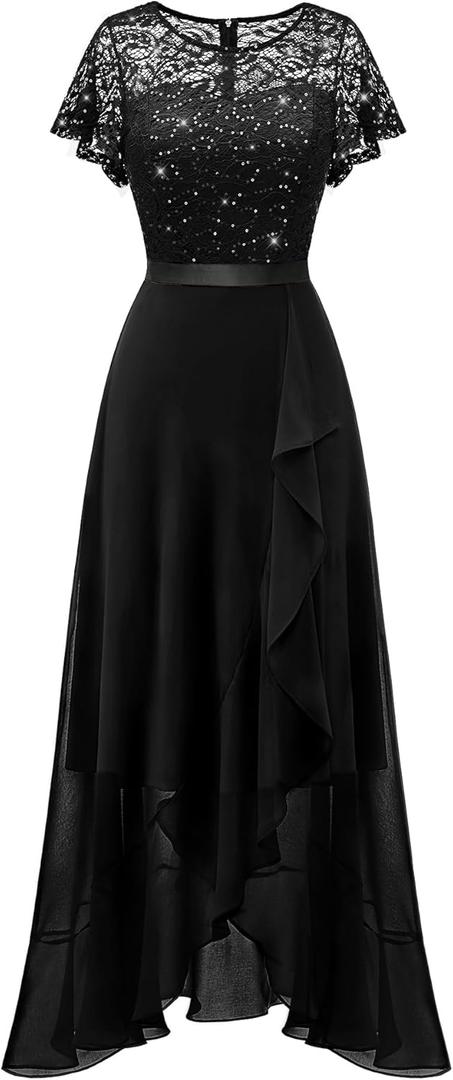 BeryLove Formal Dresses for Women 2026 Wedding Guest with Slit Cocktail Elegant Lace Long Prom Dress (Black, L)