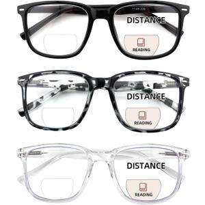 3 Pack Bifocal Reading Glasses for Women Men, PC Rectangle Bi-focal Readers with Spring Hinge Far & Near Vision (3 Pack: Clear + Black + Gray Tortoiseshell)