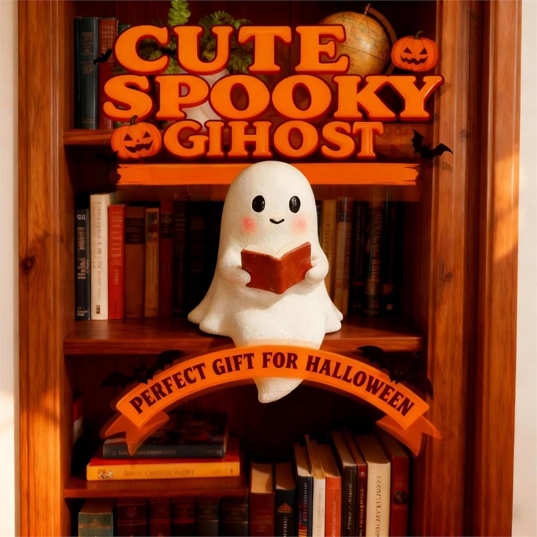 Ghost Reading Book Night Light - Halloween LED Shelf Decor, USB-Powered Spooky Cute Table Lamp for Kids & Adults, Gift-Ready Book Light for Bedroom, Party, Blanket Reading (1, 6in)