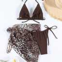 Women 3 Piece Bikini Set Sexy Swimsuits Triangle Halter Beach Skirt Bathing Suits Sarongs(Leopard, Medium)