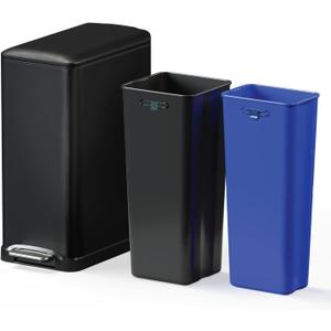 Home Zone Living 13 Gallon Slim Kitchen Trash Can with Dual Compartments for Trash and Recycling, Soft Close Lid, Step Pedal, Stainless Steel, Black