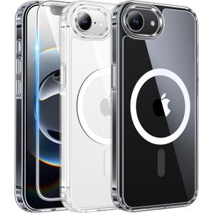 FNTCASE for iPhone 16e Case Clear: Magnetic Phone Cases with Screen Protector Compatible with Magsafe Slim Anti Yellowing Rugged Shockproof Protective Transparent Cell Phone Cover (A-Clear)