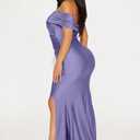 Memoriesea Women's Off Shoulder V Neck Wrap Ruched High Split Wedding Party Maxi Dress (Purple)