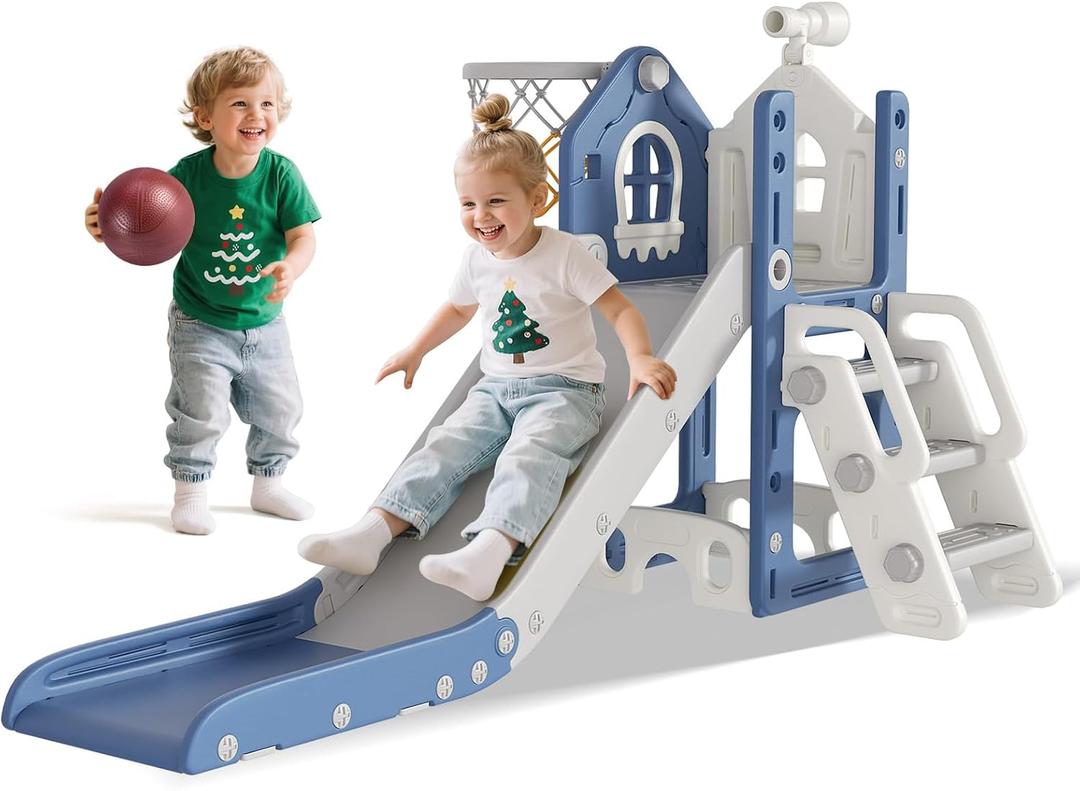 BIERUM 6 in 1 Toddler Slide - L-Shaped Baby Slide for Toddlers Aged 1-3 with Basketball Hoop, Telescope Toy and Anti-Slip Pads, Indoor Outdoor Toddler Playset, Blue Gray