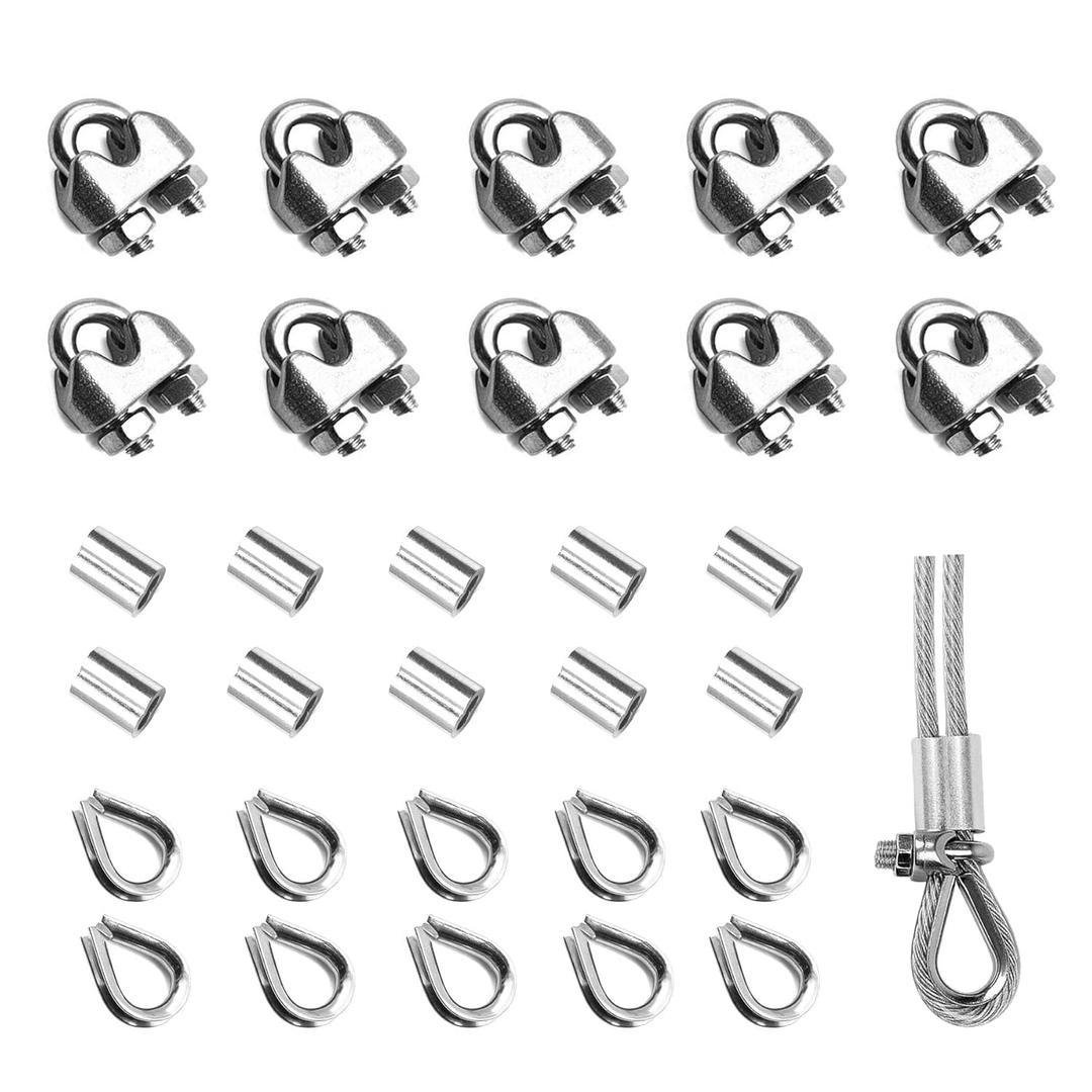 30PCS 1/4 Inches M6 Stainless Steel Wire Rope Cable Clip Clamp & M6 Thimble & M6 Aluminum Crimping Loop Sleeve (3 Styles 10PCS Each), Cable Clamp Fasteners for 1/8"-1/4" Diameter Wire Rope or Cables