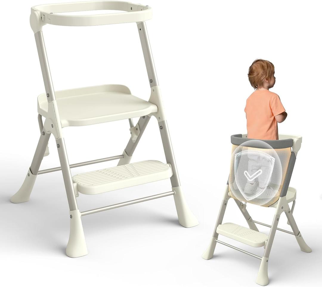 Toddler Tower, Toddler Kitchen Stool Helper with Anti-Tipping Structure and Safety Net, More Secure and Stable, Suitable for Children Aged 2 to 6 Years Old, White