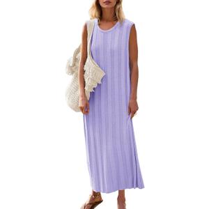 Fisoew Women Summer Sleeveless Maxi Dress Scoop Neck Ribbed Knit Tank Dress | Maternity, Sweater Dress, Cozy Fabric, Loose Fit, Long Dress, Round Neck, Going Out, Pregnancy (Purple), Small