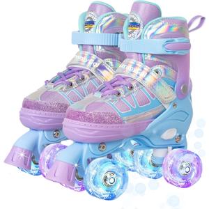 MammyGol Roller Skates for Kids Boys Girls, Adjustable Quad Skates with Light Up Wheels for Toddler Little Kids Ages 6-12 Size 9C 10C 11C 12C, Beginners Outdoor Sports, Amethyst Sky