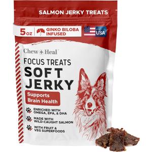Chew + Heal Labs Dog Salmon Jerky Treats with Cognitive Support - 5 oz of Wild Caught Salmon Jerky Dog Treat - Made with Gingko Biloba, Blueberries, Cranberries, Pumpkin, and More - Made in The USA (5 Ounce (Pack of 1), Best By 02/12/2026