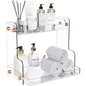 Bathroom Countertop Organizer, 2 Tier Clear Plastic Vanity Organizer with Adhesive Support, Space Saving Storage Shelf for Skincare, Perfume, Makeup and Daily Essentials
