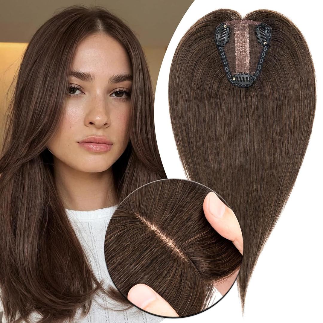MY-LADY Human Hair Toppers for Women Real Human Hair Pieces Thin 8 * 10CM Silk Base with Lace Clip in Remy Hairpieces Hand-Tied Light Weight 10 Inch Dark Brown