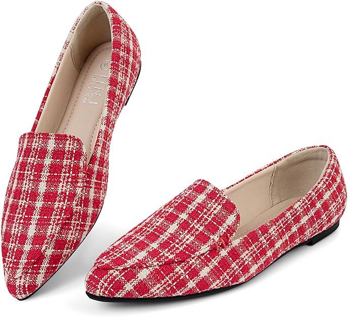 MUSSHOE Loafers for Women Comfortable Pointed Toe Memory Foam Women's Flats Business Casual Work Shoes for Women, Red Plaid 7