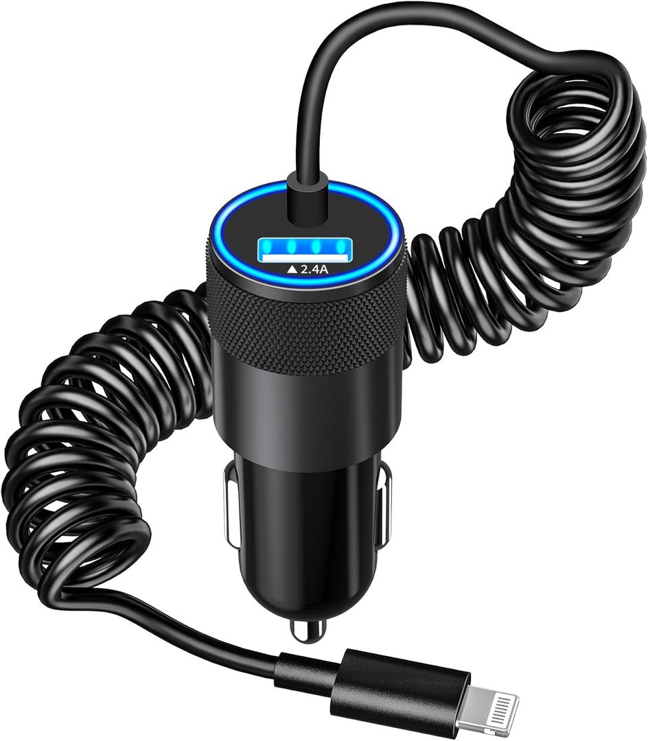 MFi CertifiediPhone Car Charger Fast Charging, Caiinei 4.8A USB Car Charger Fast Charging Cigarette Lighter Adapter with 6FT Coiled Lightning Cable for iPhone 14 13 12 11 Pro XS Max Mini XR X 8 iPad (6FT Lightning Coiled, Ceramic Black)