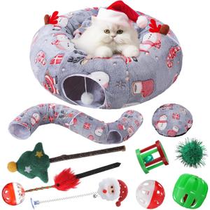 Dansydaisy 9 Pcs Cat Tunnel Under Christmas Tree, 3ft Cat Donut Tunnel with Plush Cushion and 8 Toys Cozy Washable Cave for Kittens Small Medium Pets Rabbits Gifts for Christmas (Gray)