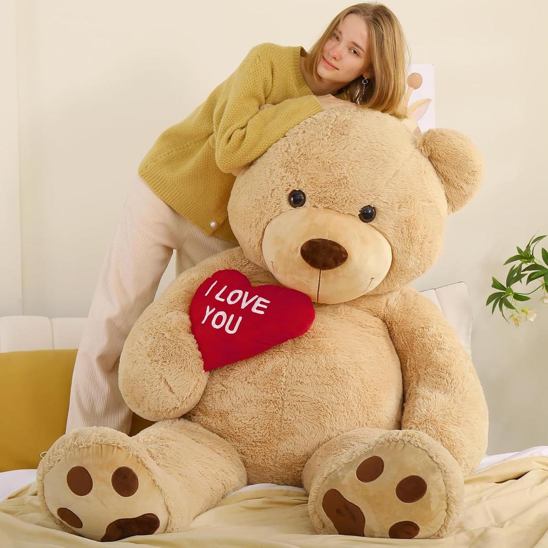 Tezituor Giant Teddy Bear Stuffed Animal 5Ft with Heart, Large Brown I Love You Bear Plush Toys for Kids Gift for Girlfriend