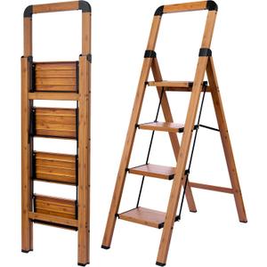 Step Ladder 4-Step Woodgrain Finish Aluminum Folding Step Ladders,Anti-Slip Max 330 lbs