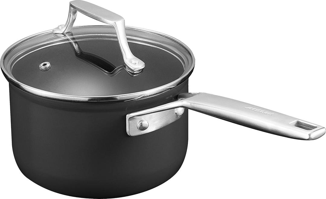 MSMK 1.5 Quart Saucepan with lid, Burnt also Non stick, Induction, Scratch-resistant, Small Cooking Pot (Hard .Anodized Grey)