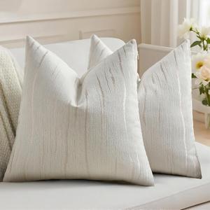 HAUSSY Pack of 2 Chenille Embossed Throw Pillow Covers 24x24 Inch, Cream | Cozy Chenille Neutral Decorative Striped Pillowcases, Machine Washable,Couch Bed Sofa Living Room Home Decor, No Insert