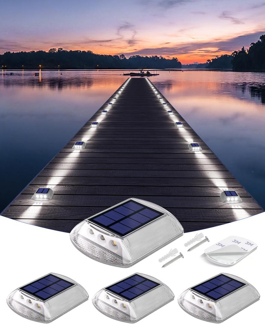 DetarZinLED Deck Lights Solar Powered, 4 Pack White Solar Pathway Driveway Light Outdoor IP68 Waterproof, Stick on & Screw Markers Deck Lights for Dock, Walkway, Sidewalk, Patio, Pool, Garden, Step