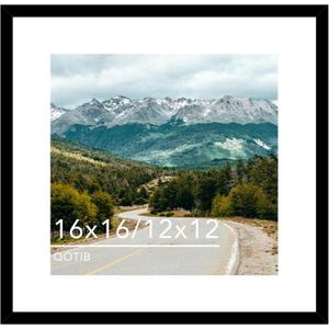 Wood 16x16 Picture Frame with 12x12 Mat Black, Display 12x12 with Mat or 16x16 without Mat, Wood 16 by 16 Photo Frame, 16 x 16 Frame for Wall Hanging Display, Black